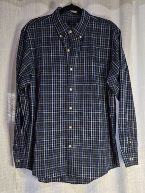 Men's Arrow Navy Brown and White Plaid Button-Down Shirt